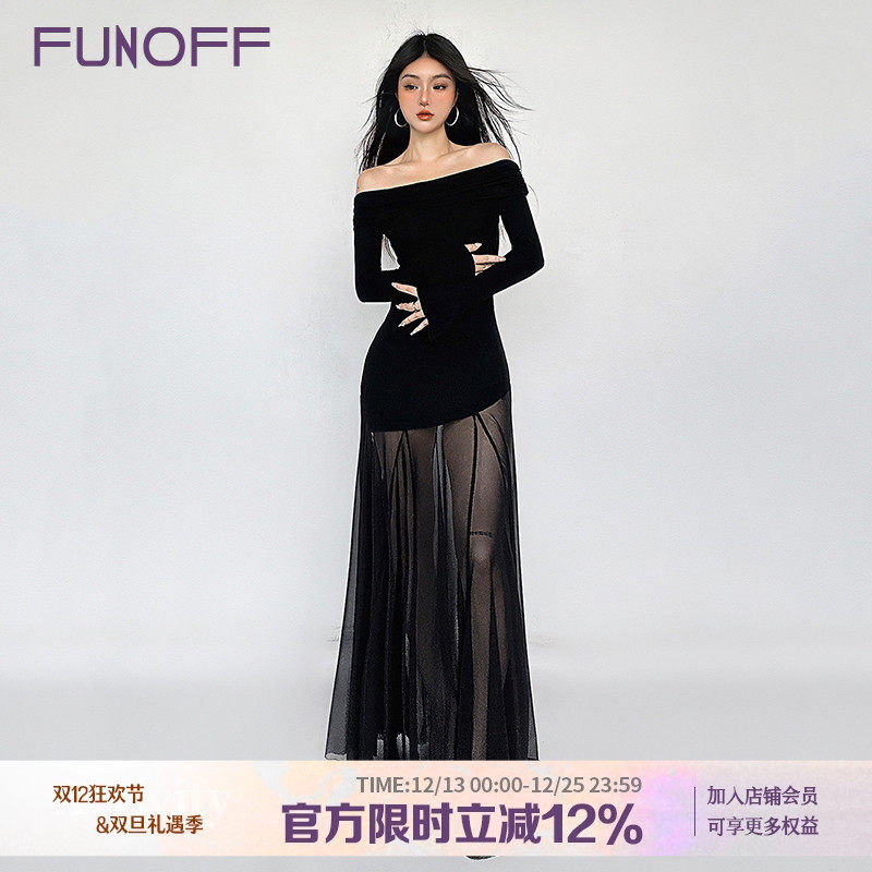 FUNOFF御姐气质黑色一字肩喇叭长袖连衣裙网纱2025春收腰鱼尾长裙