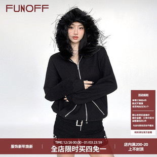 FUNOFF美式 复古黑色毛领连帽拉链收腰夹克外套2025秋冬宽松短上衣
