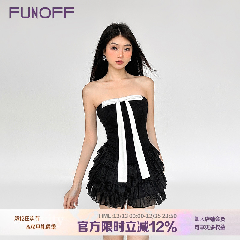 黑色蝴蝶结鱼骨束腰抹胸连衣裙女