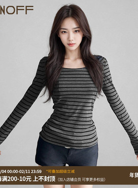 FUNOFF 简约复古条纹一字肩轻薄长袖T恤基础收腰圆领T恤上衣女春