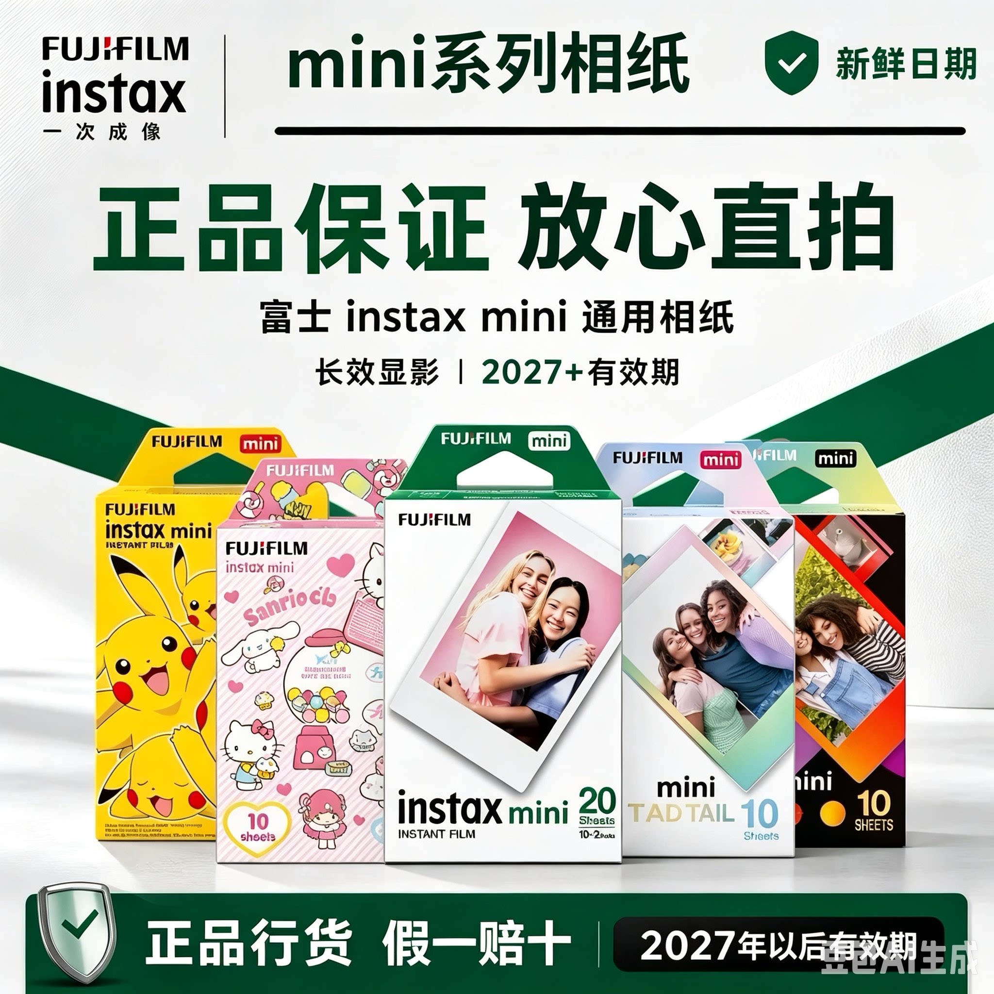 富士拍立得迷你相纸三寸白边通用mini7/8/11/13/90新日期国内现货