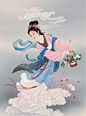 新中式仙女画像仙女下凡仙子散花画像贴纸招财纳福年画客厅贴画