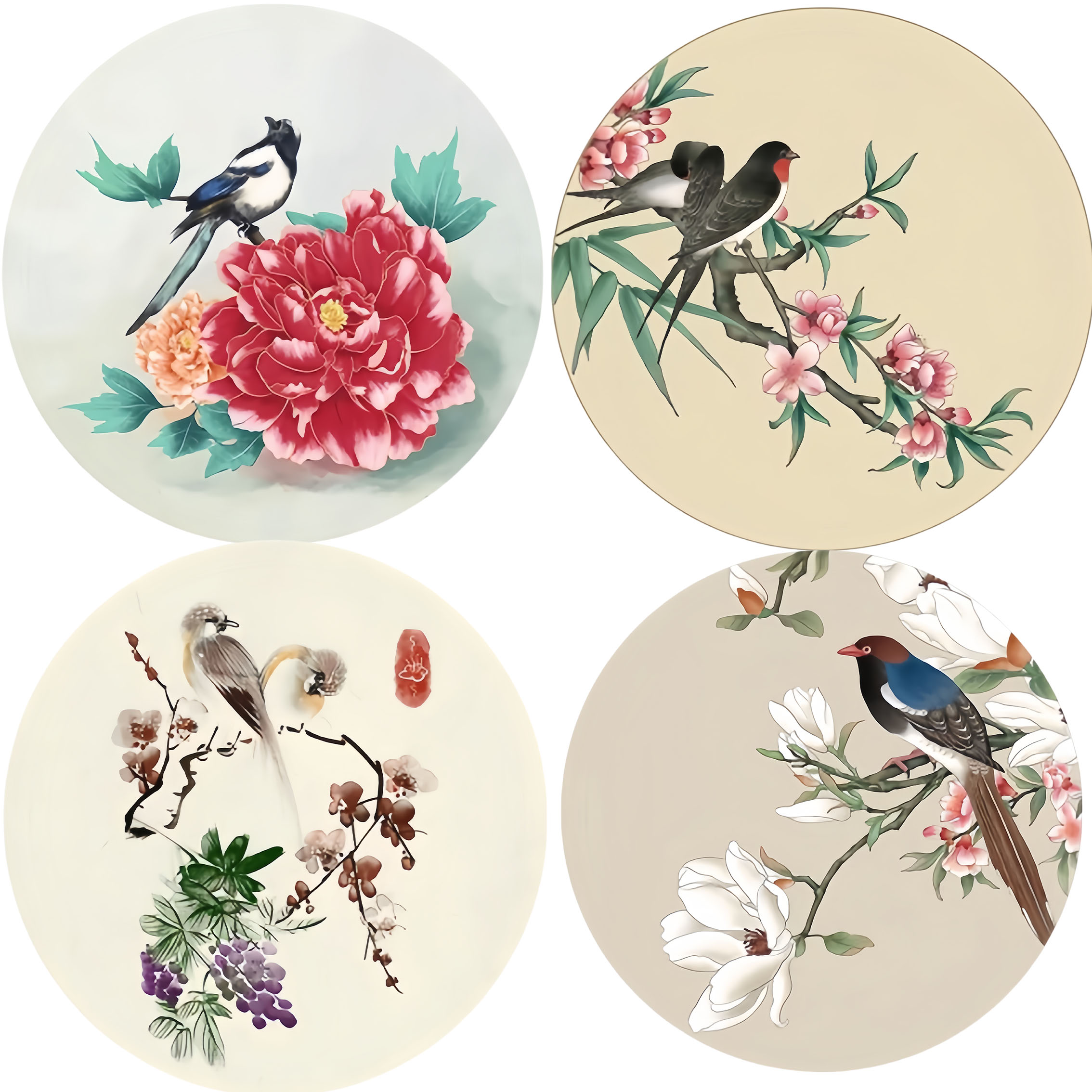 新中式圆形花鸟装饰贴画客厅卧室办公室自粘贴传统国画贴纸中国风