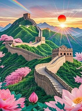 国风长城绿色万里长城靠山图旭日东升风景画办公室背胶自粘画壁画