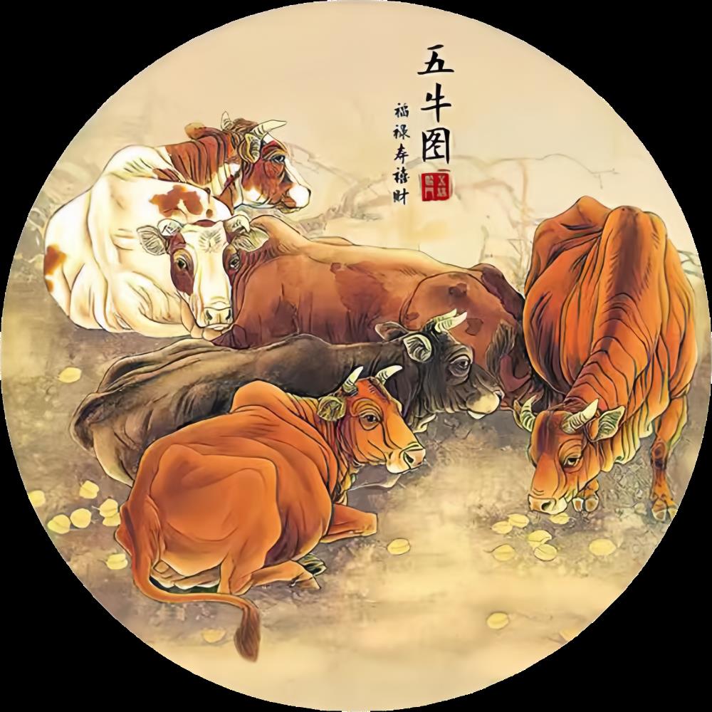 新中式圆形五牛图扭转乾坤装饰贴画客厅卧室办公室墙面贴饰防水图片