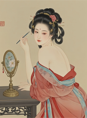 古代美女画眉图客厅卧室室内墙面装饰海报壁纸仕女图自粘贴新中式