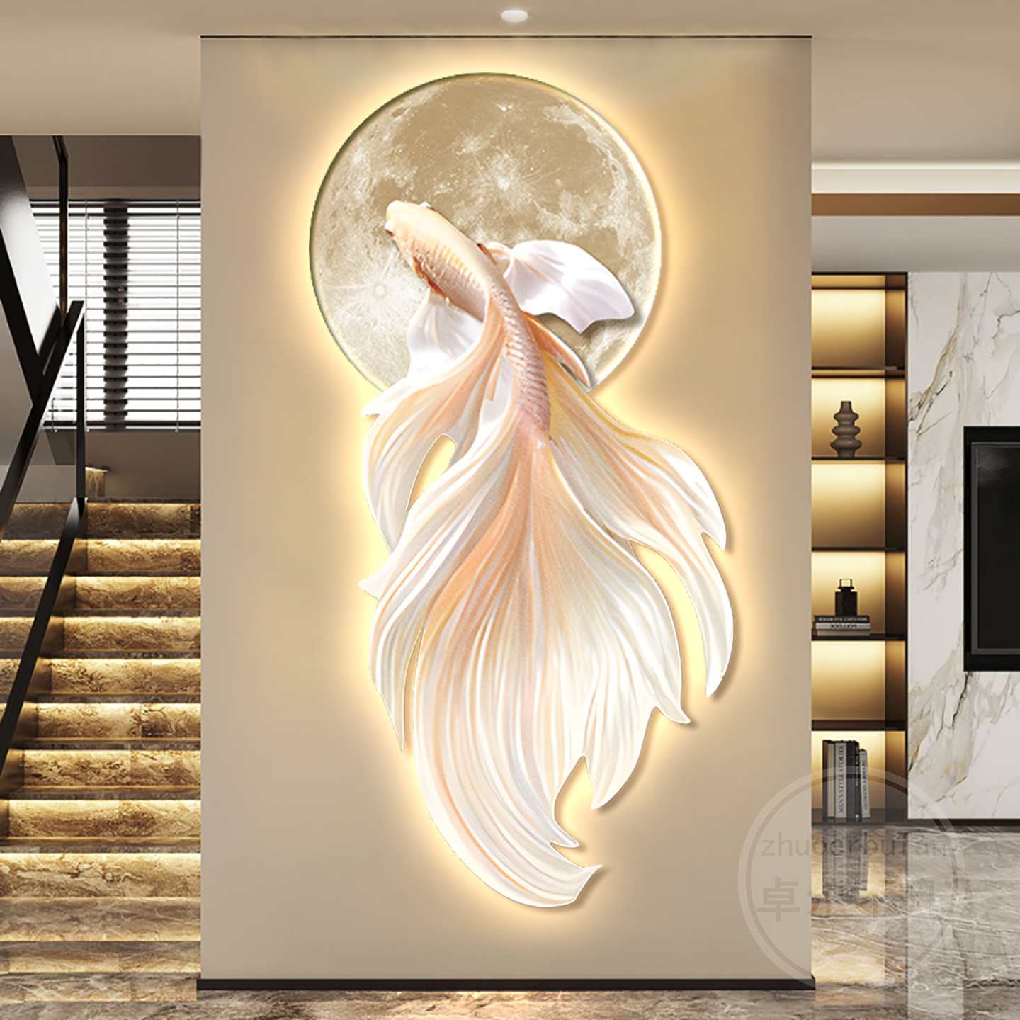 富贵鱼玄关装饰画划轻奢客厅走廊过道挂画划吉祥锦鲤竖版壁画划高