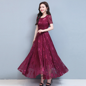 RY1653#超长款气质淑女圆领大摆冰丝雪纺沙滩连衣长裙