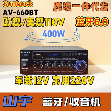 山宇AV660BT蓝牙功放400W车载12V放大机220V家用110V欧规美规跨境