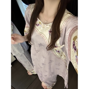 新中式 温柔风紫色提花短袖 睡衣女2025夏季 国风冰丝缎面家居服套装