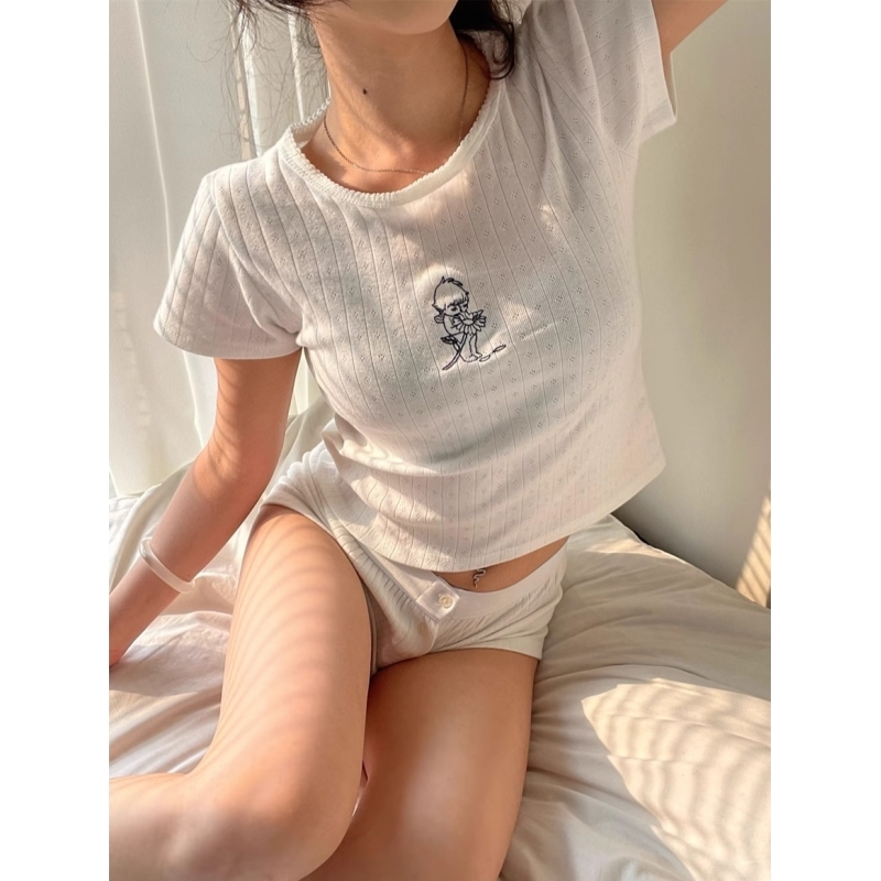 韩版bm风少女纯白印花短袖睡衣女