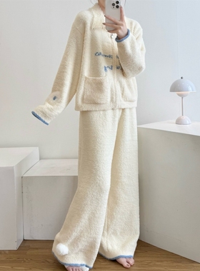 韩系baby黄色毛衣半边绒睡衣女款冬季保暖加厚长袖长裤家居服套装