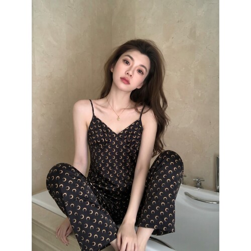 法式少女纯欲风月亮印花吊带睡衣女夏性感大码黑色长裤家居服套装