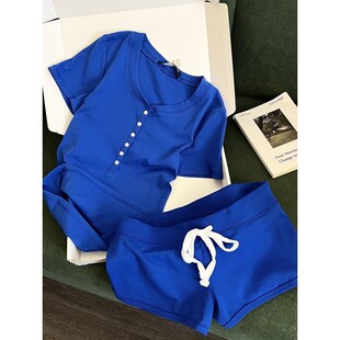 韩系bm少女复古蓝色纽扣纯棉睡衣女夏季修身舒适短袖短裤家居套装