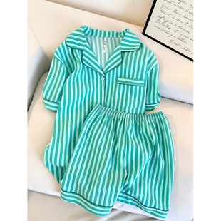 家居服套装 短裤 宽松舒适短袖 韩系ins风撞色条纹翻领睡衣女春夏季
