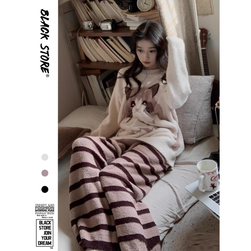 少女可爱小猫针织半边绒睡衣女冬