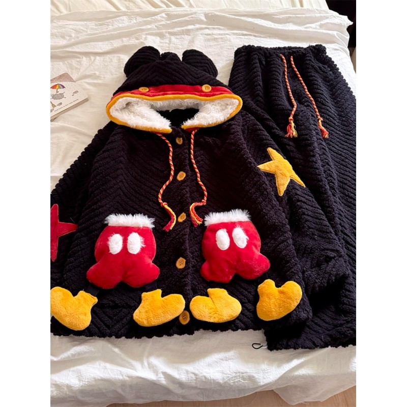 毛绒绒卡通米奇连帽珊瑚绒睡衣女