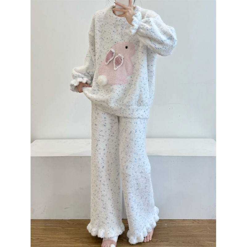 甜美可爱兔子针织半边绒睡衣女冬