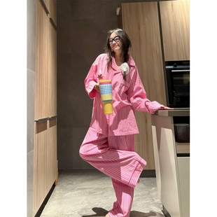 长裤 韩系慵懒风清新条纹睡衣女款 长袖 新款 可外穿家居服两件套 秋季