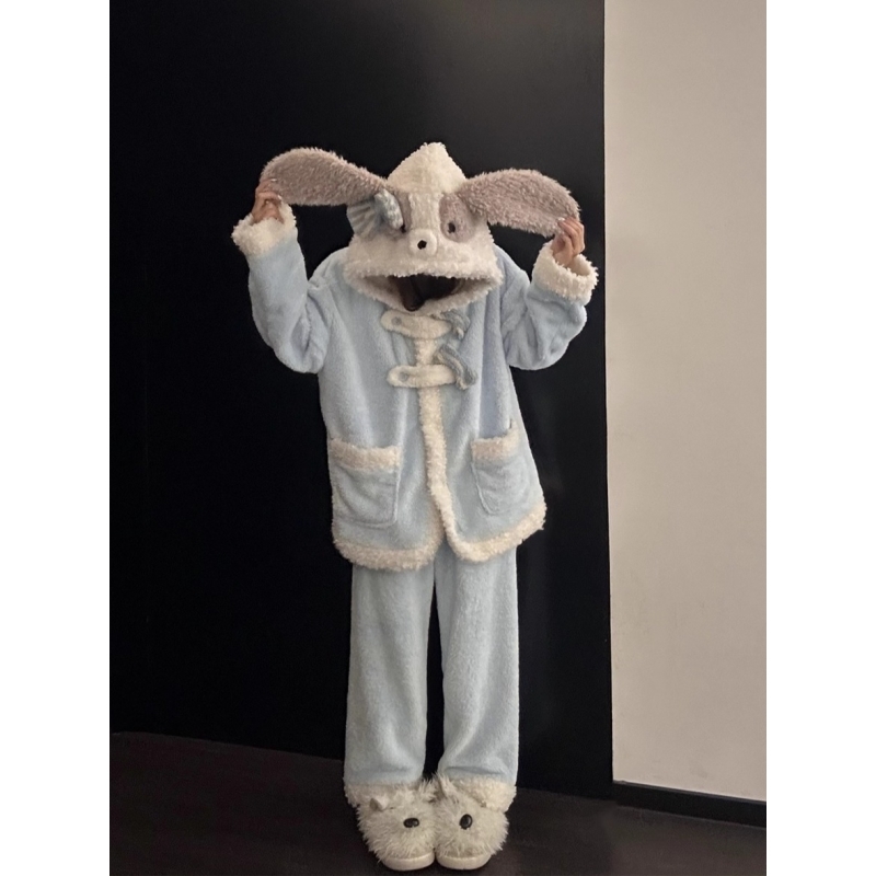 毛绒绒长耳可爱小狗珊瑚绒睡衣女