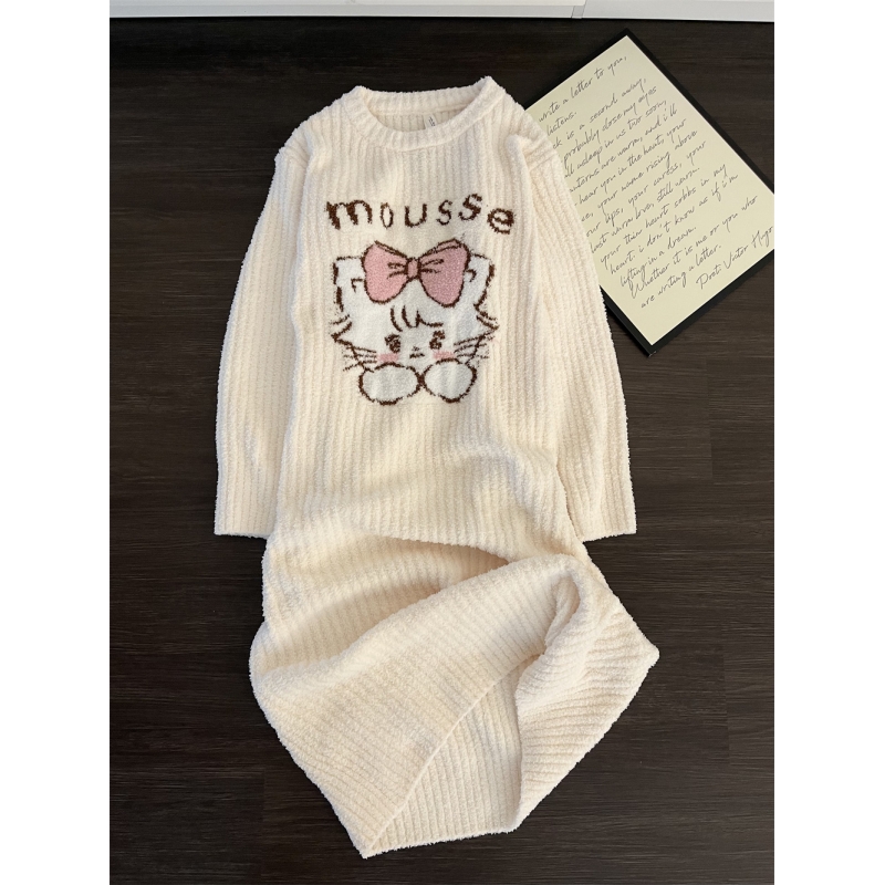 可爱卡通猫咪针织半边绒睡裙女冬