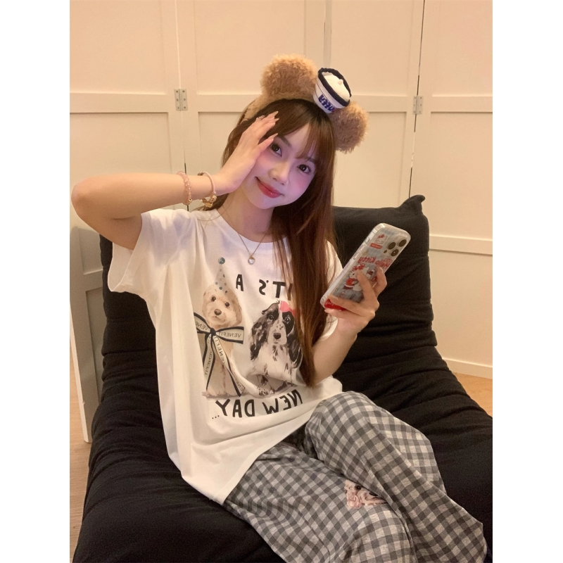 可爱小狗格子印花短袖睡衣女套装
