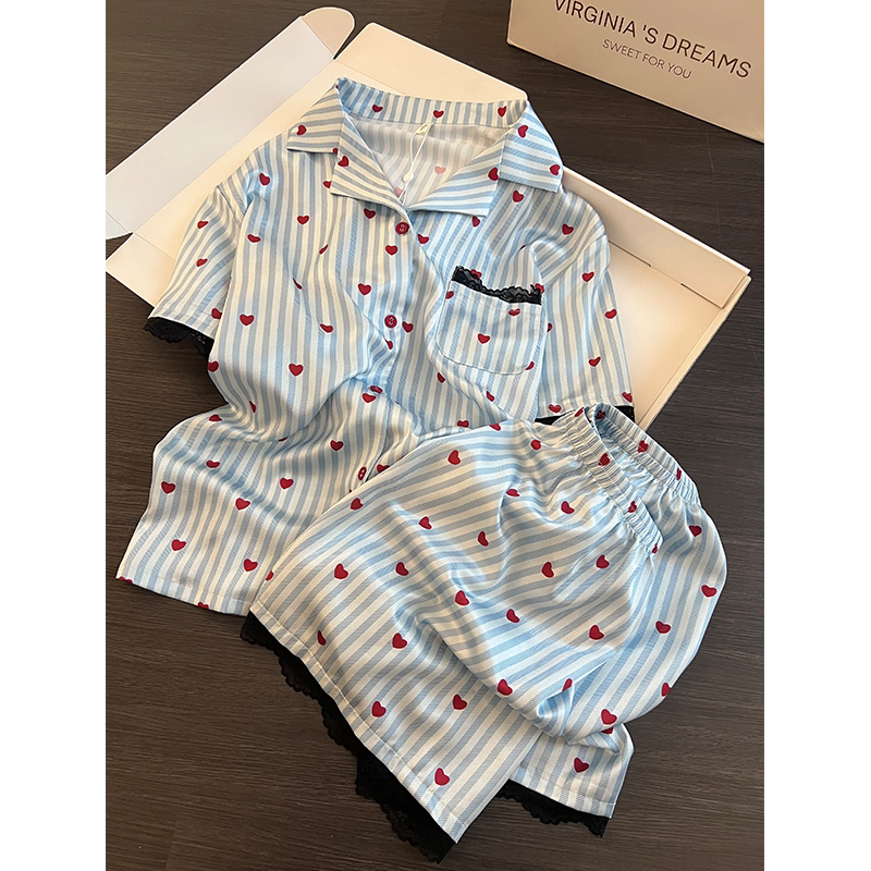 法式清新条纹爱心冰丝睡衣女夏款超柔软蕾丝边短袖短裤家居服套装