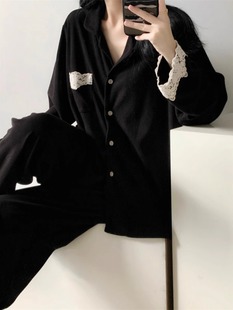 长裤 新款 简约开衫 家居服套装 黑色高级蕾丝花边长袖 韩式 睡衣女秋季