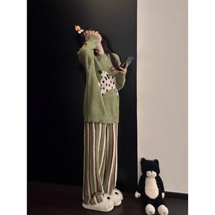 韩系少女可爱斑点狗半边绒睡衣女秋冬新款加厚保暖针织居家服套装