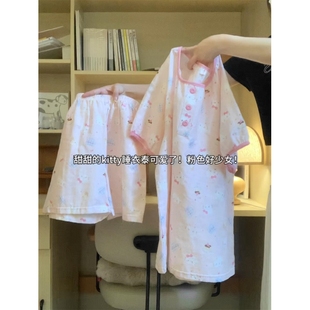 少女甜美卡通印花吊带睡衣女夏季 夏 蝴蝶结花边背心短裤 家居服套装