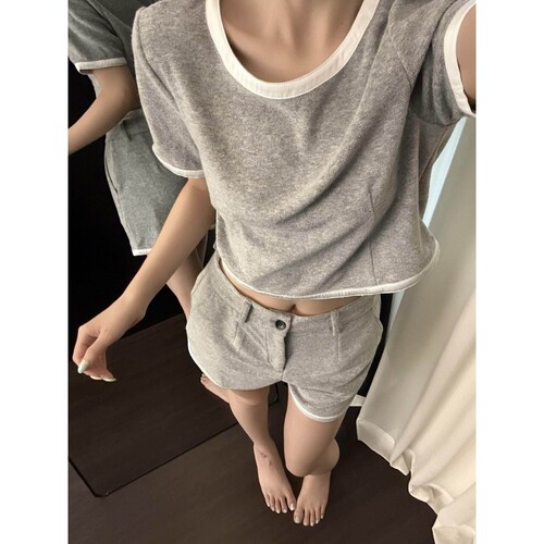韩版设计感简约撞色短袖睡衣套装