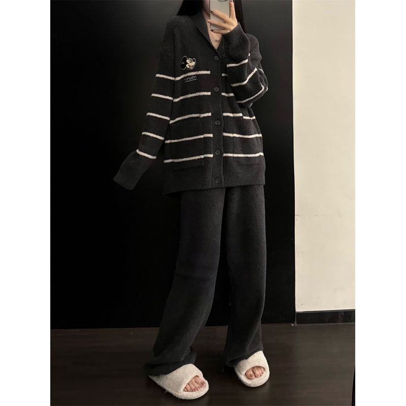 韩系条纹米奇半边绒睡衣女家居服