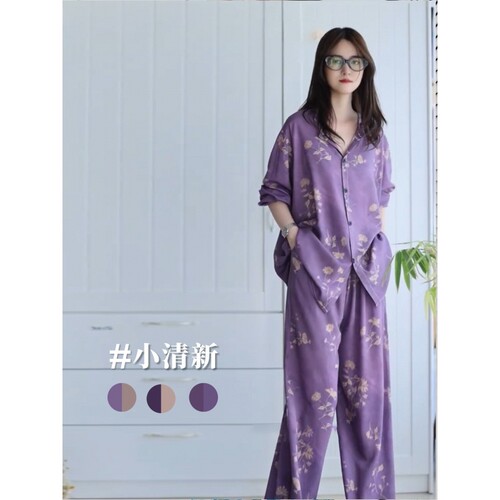 女士甜美紫色花卉棉绸睡衣女款