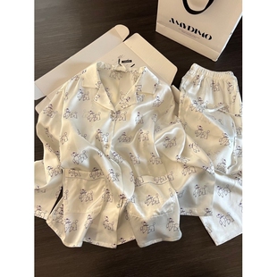 可爱少女小狗印花冰丝睡衣女春季 长袖 翻领亲肤家居服套装 可外穿 款