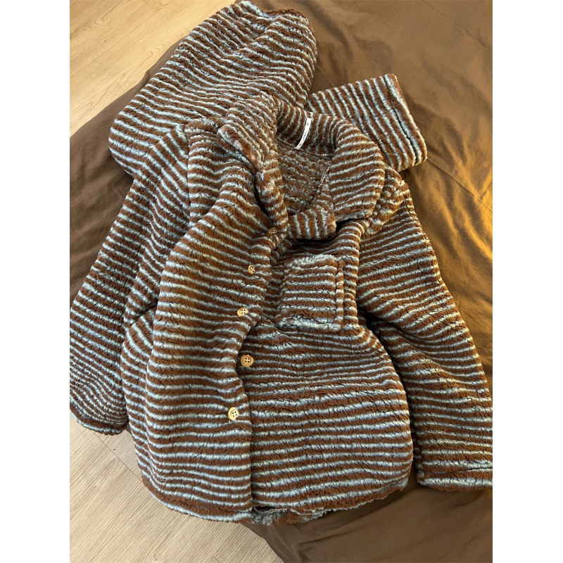 韩系ins条纹长袖珊瑚绒睡衣女冬