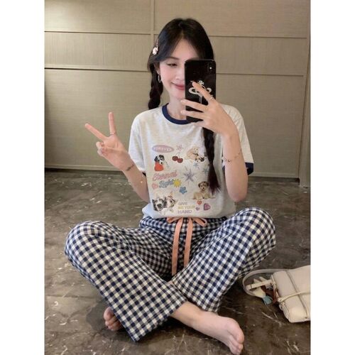 睡衣女夏大码短袖长裤家居服套装