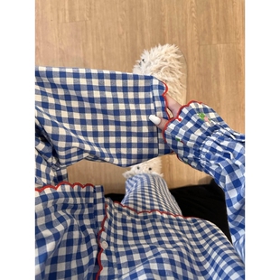 法式格子睡衣女款春秋季休闲宽松甜美刺绣花边长袖长裤家居服套装