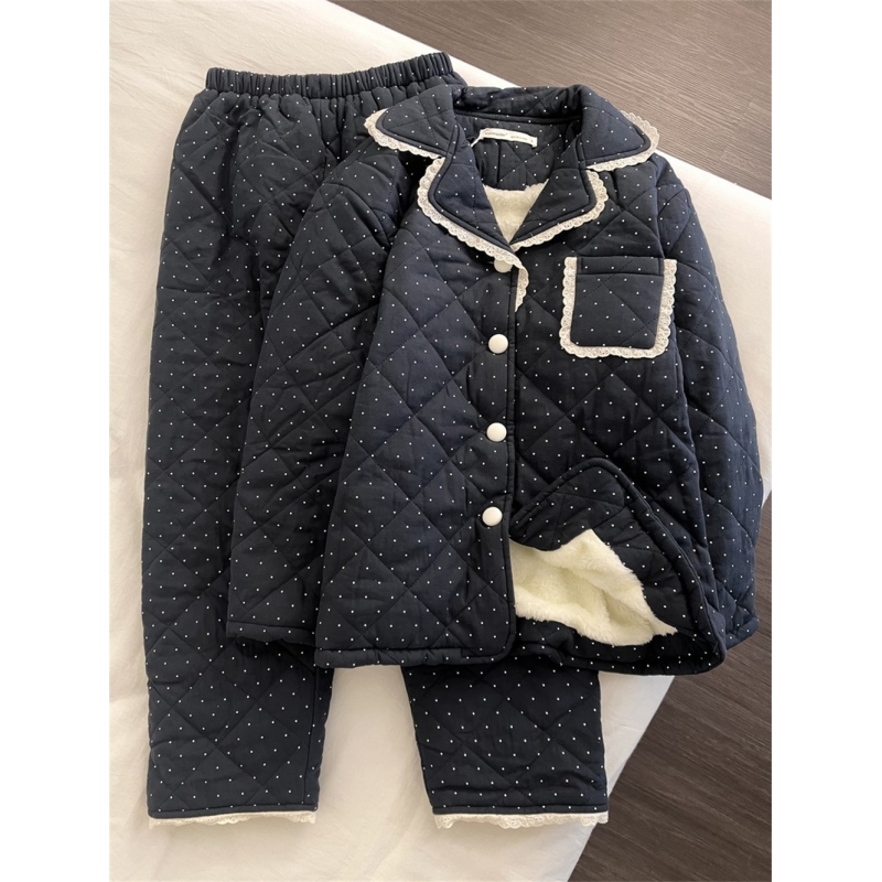 韩版ins简约波点夹棉棉服睡衣女