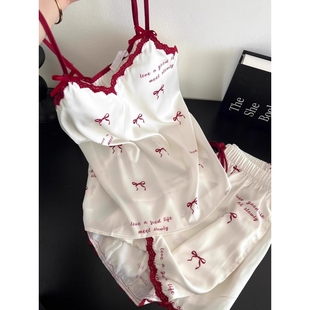 女 法式 甜美冰丝带胸垫吊带睡衣女款 夏天可出门纯欲短裤 家居服套装