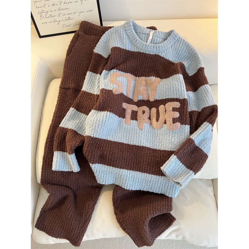 韩版简约字母条纹秋冬季居家套装