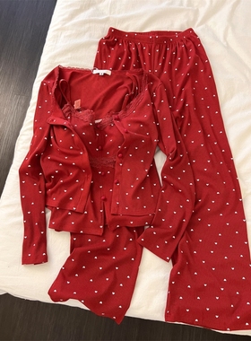 法式纯欲红色爱心花边吊带睡衣女春秋新款大码本命年家居服三件套