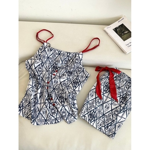 可外穿居家服套装 复古印花高级感吊带睡衣女夏季 短裤 大码 2026新款