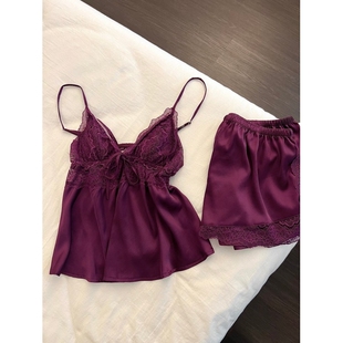 家居服两件套 性感吊带短裤 法式 轻奢蕾丝拼接凉感冰丝睡衣女春夏季