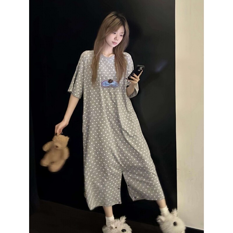 韩系慵懒风灰调波点连体睡衣女夏季短袖长裤亲肤家居服套装可外穿
