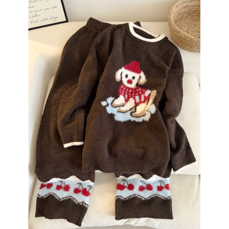 韩版复古圣诞小狗美拉德针织睡衣女秋冬新款半边绒保暖家居服套装