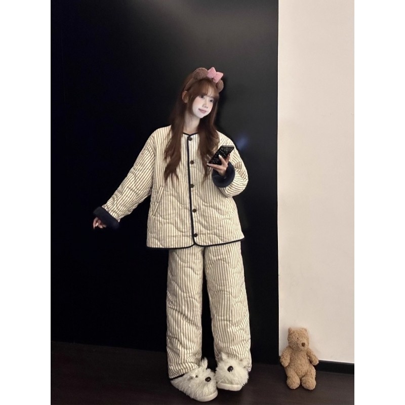 韩系条纹夹棉长袖睡衣女秋冬季可外穿加厚保暖家居服长袖长裤套装,女士内衣/男士内衣/家居服,睡衣/家居服套装,淘宝优惠券,粉丝福利购,淘宝优惠卷