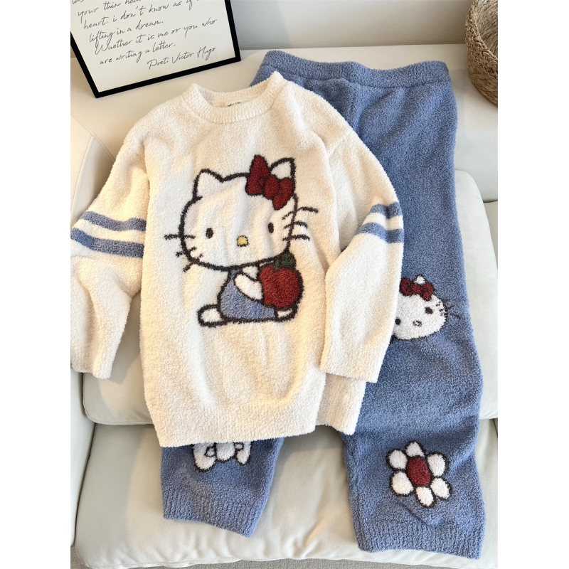 可爱HelloKitty针织半边绒睡衣女款冬季加厚保暖家居服套装可外穿