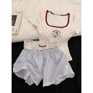 套装 少女纯欲带胸垫短袖 家居服大码 睡衣女士夏季 甜美蕾丝条纹短裤