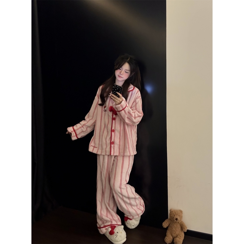粉色可爱蝴蝶结条纹kitty珊瑚绒睡衣女冬季可外穿保暖家居服套装