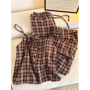 美式复古格子系带吊带睡衣女款夏季宽松休闲长裤家居服套装可外穿